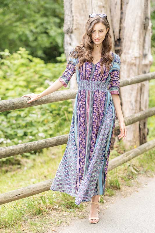 PD-14559 - Boho Printed Button Front Maxi Dress with Elastic Waist